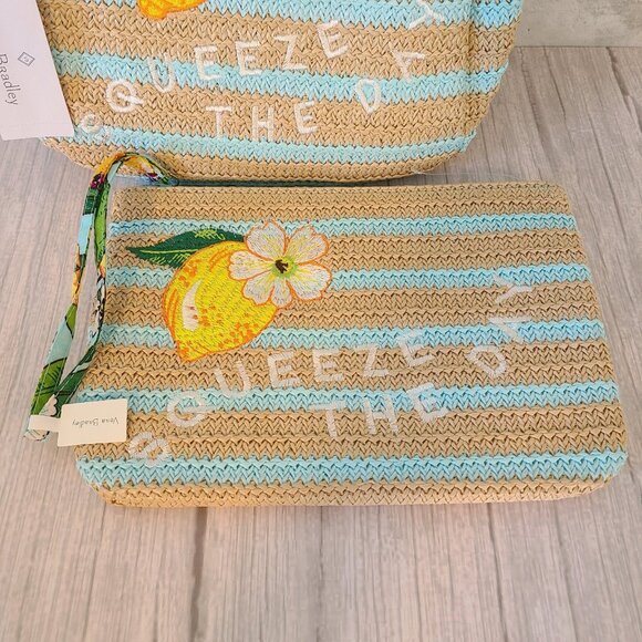 Vera Bradley Lemon Grove Pattern Straw Backpack Zippered Pouch *retired NWT